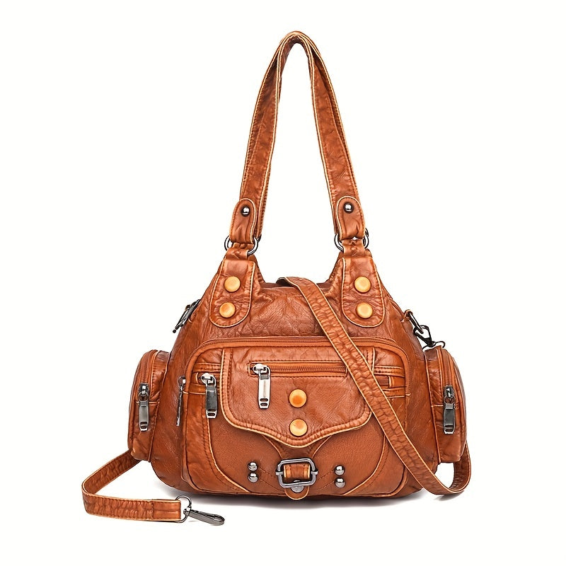 Vintage Design Hobo Shoulder Bag - Classic Zipper Casual Handbag with Rivets