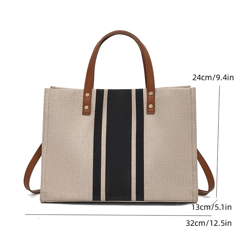 Striped Canvas Tote Bag - Simple Large Capacity Women's Work Shoulder Briefcase