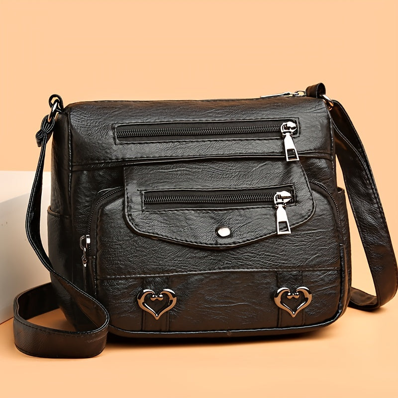 Heart Decor Crossbody Bag - Vintage Multi-Pockets Faux Leather Shoulder Purse