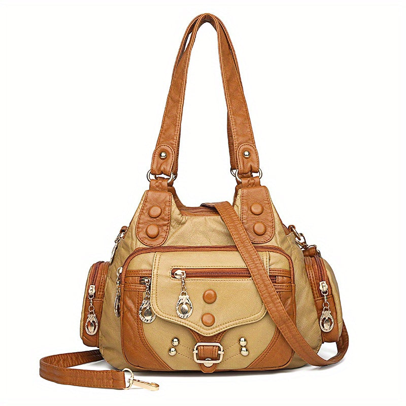 Vintage Design Hobo Shoulder Bag - Classic Zipper Casual Handbag with Rivets