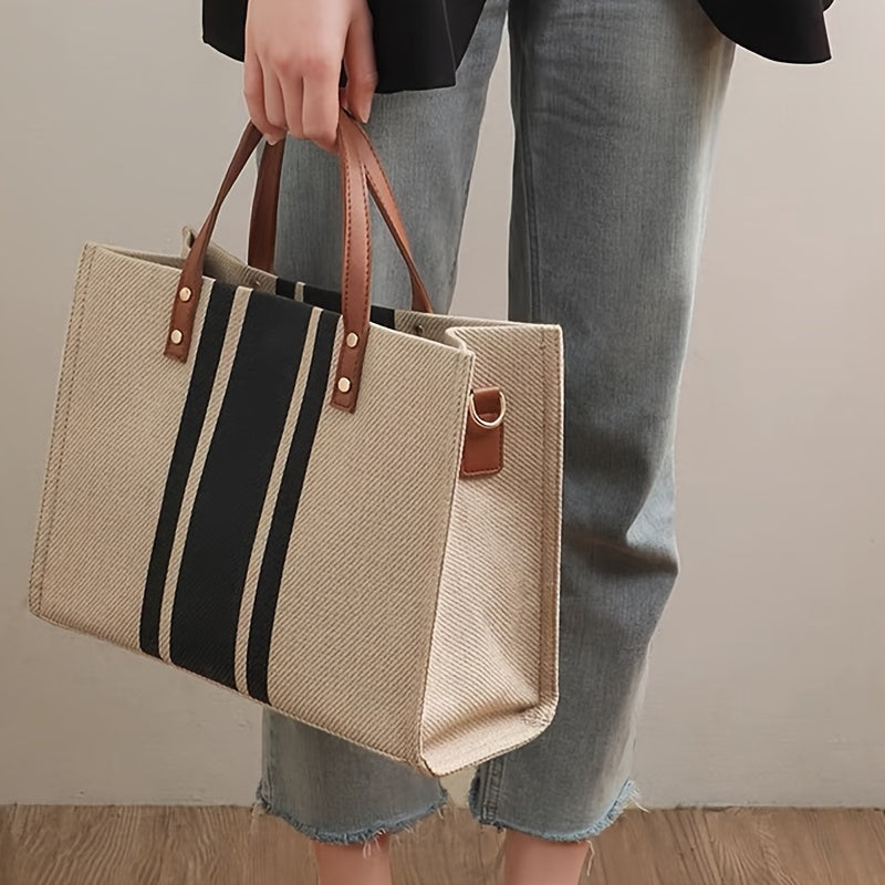 Striped Canvas Tote Bag - Simple Large Capacity Women's Work Shoulder Briefcase