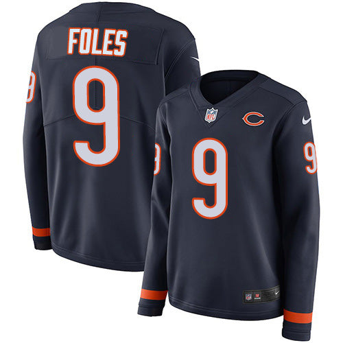 Nike Chicago Bears #9 Nick Foles Navy Blue Team Color Women's Stitched NFL Limited Therma Long Sleeve Jersey Womens