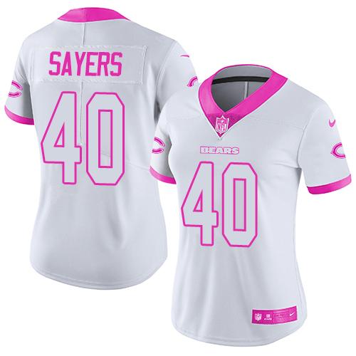 Nike Chicago Bears #40 Gale Sayers White/Pink Women's Stitched NFL Limited Rush Fashion Jersey Womens