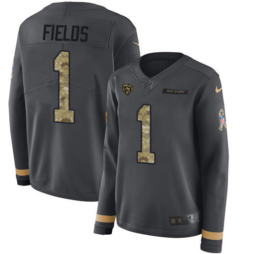 Nike Chicago Bears #1 Justin Fields Anthracite Salute to Service Women's Stitched NFL Limited Therma Long Sleeve Jersey Womens