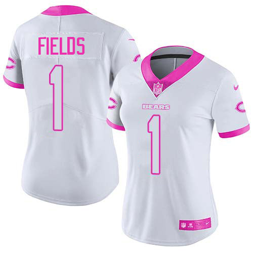 Nike Chicago Bears #1 Justin Fields White/Pink Women's Stitched NFL Limited Rush Fashion Jersey Womens