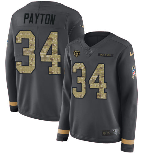 Nike Chicago Bears #34 Walter Payton Anthracite Salute to Service Women's Stitched NFL Limited Therma Long Sleeve Jersey Womens