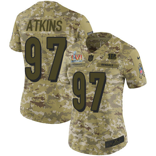 Nike Cincinnati Bengals #97 Geno Atkins Camo Super Bowl LVI Patch Women's Stitched NFL Limited 2018 Salute To Service Jersey Womens