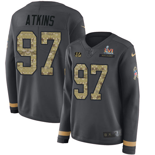 Nike Cincinnati Bengals #97 Geno Atkins Anthracite Super Bowl LVI Patch Salute to Service Women's Stitched NFL Limited Therma Long Sleeve Jersey Womens