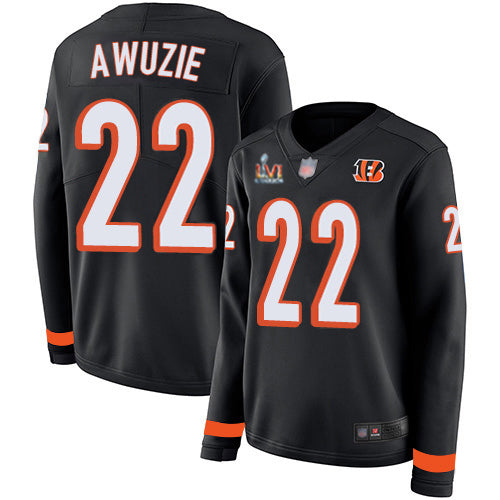 Nike Cincinnati Bengals #22 Chidobe Awuzie Black Team Color Super Bowl LVI Patch Women's Stitched NFL Limited Therma Long Sleeve Jersey Womens