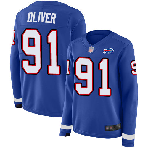 Nike Buffalo Bills #91 Ed Oliver Royal Blue Team Color Women's Stitched NFL Limited Therma Long Sleeve Jersey Womens