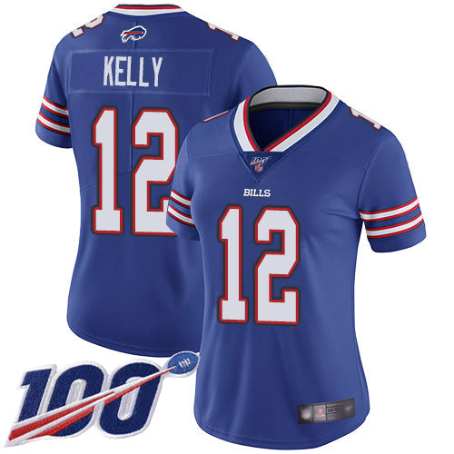 Nike Buffalo Bills #12 Jim Kelly Royal Blue Team Color Women's Stitched NFL 100th Season Vapor Limited Jersey Womens