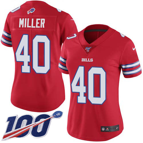 Nike Buffalo Bills #40 Von Miller Red Women's Stitched NFL Limited Rush 100th Season Jersey Womens