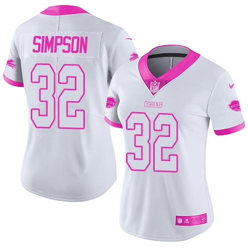 Nike Buffalo Bills #32 O. J. Simpson White/Pink Women's Stitched NFL Limited Rush Fashion Jersey Womens