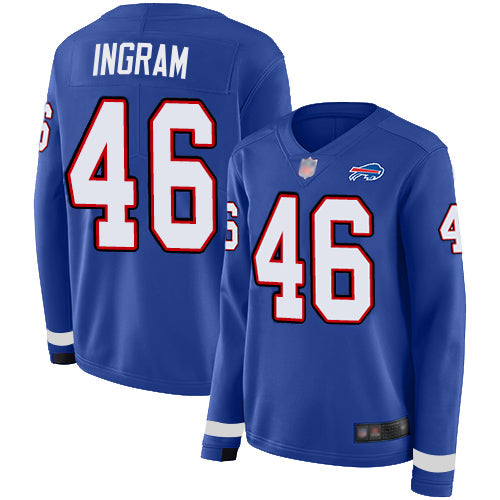 Nike Buffalo Bills #46 Ja'Marcus Ingram Royal Blue Team Color Women's Stitched NFL Limited Therma Long Sleeve Jersey Womens