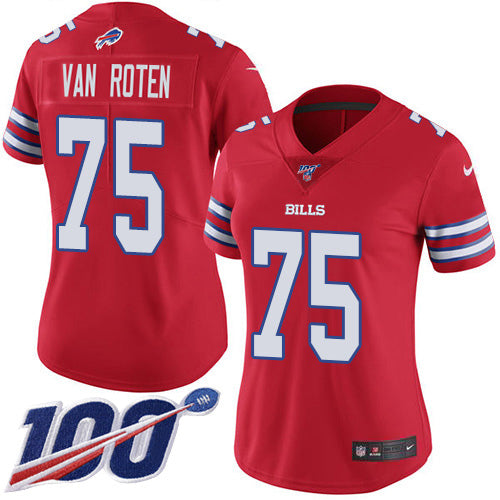 Nike Buffalo Bills #75 Greg Van Roten Red Women's Stitched NFL Limited Rush 100th Season Jersey Womens