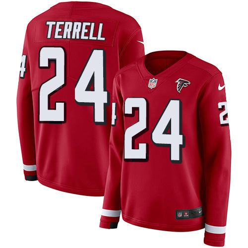 Nike Atlanta Falcons #24 A.J. Terrell Red Team Color Women's Stitched NFL Limited Therma Long Sleeve Jersey Womens