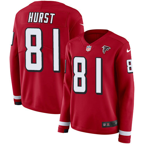 Nike Atlanta Falcons #81 Hayden Hurst Red Team Color Women's Stitched NFL Limited Therma Long Sleeve Jersey Womens