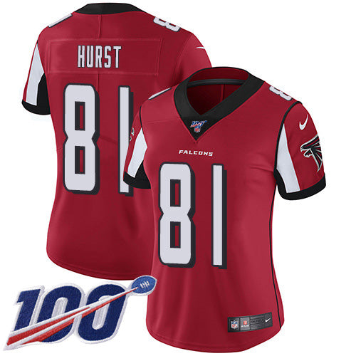 Nike Atlanta Falcons #81 Hayden Hurst Red Team Color Women's Stitched NFL 100th Season Vapor Untouchable Limited Jersey Womens