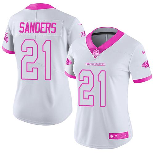 Nike Atlanta Falcons #21 Deion Sanders White/Pink Women's Stitched NFL Limited Rush Fashion Jersey Womens