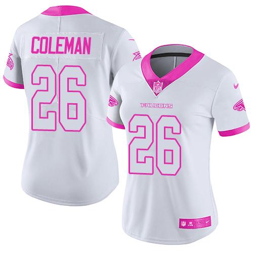 Nike Atlanta Falcons #26 Tevin Coleman White/Pink Women's Stitched NFL Limited Rush Fashion Jersey Womens