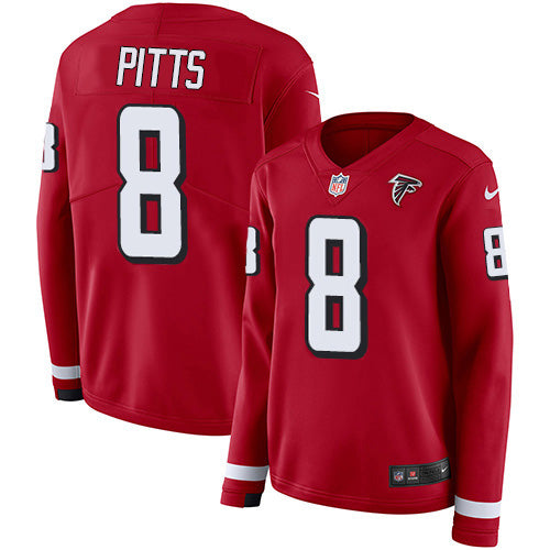 Nike Atlanta Falcons #8 Kyle Pitts Red Team Color Women's Stitched NFL Limited Therma Long Sleeve Jersey Womens