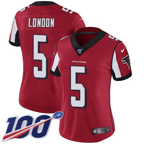Nike Atlanta Falcons #5 Drake London Red Team Color Stitched Women's NFL 100th Season Vapor Untouchable Limited Jersey Womens