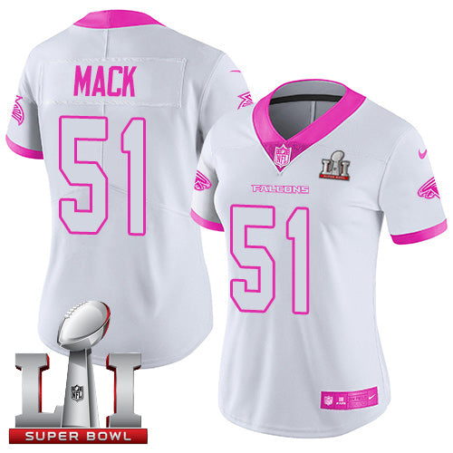Nike Atlanta Falcons #51 Alex Mack White/Pink Super Bowl LI 51 Women's Stitched NFL Limited Rush Fashion Jersey Womens