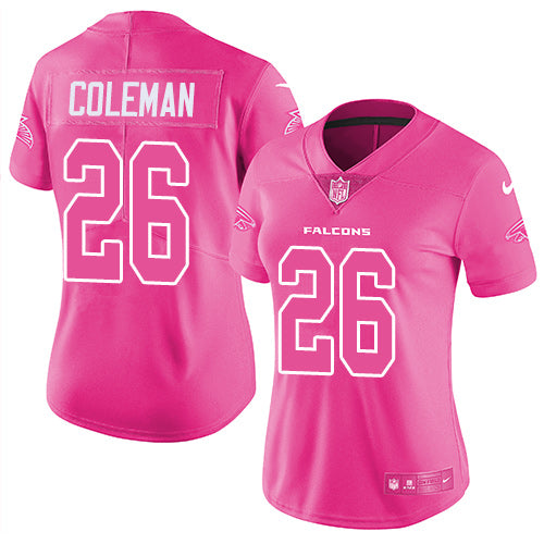 Nike Atlanta Falcons #26 Tevin Coleman Pink Women's Stitched NFL Limited Rush Fashion Jersey Womens