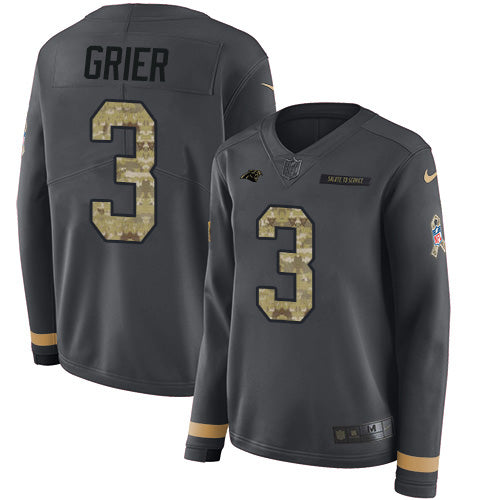 Nike Carolina Panthers #3 Will Grier Anthracite Salute to Service Women's Stitched NFL Limited Therma Long Sleeve Jersey Womens