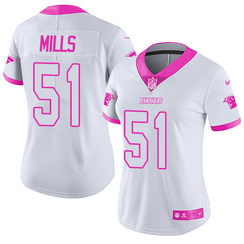 Nike Carolina Panthers #51 Sam Mills White/Pink Women's Stitched NFL Limited Rush Fashion Jersey Womens