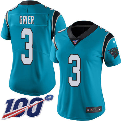 Nike Carolina Panthers #3 Will Grier Blue Women's Stitched NFL Limited Rush 100th Season Jersey Womens