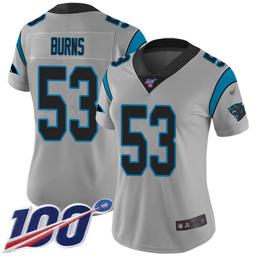 Nike Carolina Panthers #53 Brian Burns Silver Women's Stitched NFL Limited Inverted Legend 100th Season Jersey Womens