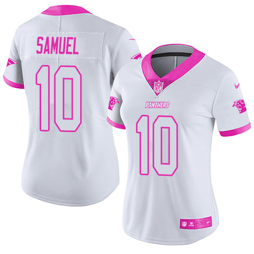 Nike Carolina Panthers #10 Curtis Samuel White/Pink Women's Stitched NFL Limited Rush Fashion Jersey Womens