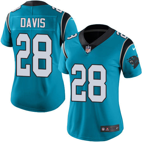 Nike Carolina Panthers #28 Mike Davis Blue Women's Stitched NFL Limited Rush Jersey Womens