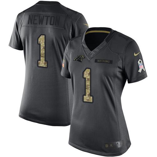 Nike Carolina Panthers #1 Cam Newton Black Women's Stitched NFL Limited 2016 Salute to Service Jersey Womens