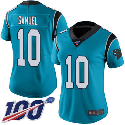 Nike Carolina Panthers #10 Curtis Samuel Blue Women's Stitched NFL Limited Rush 100th Season Jersey Womens