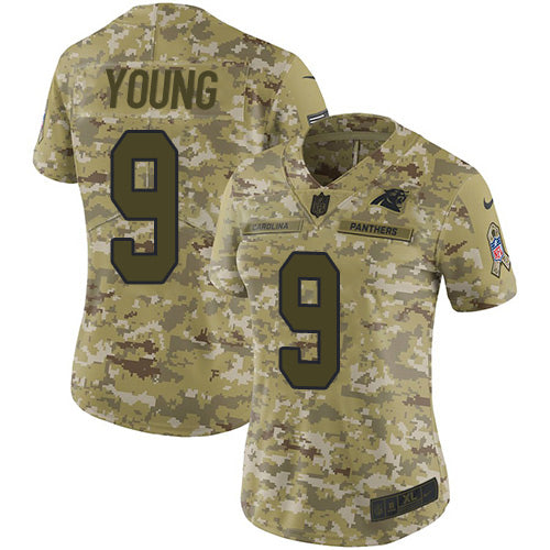 Nike Carolina Panthers #9 Bryce Young Camo Women's Stitched NFL Limited 2018 Salute To Service Jersey Womens