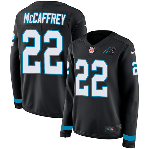 Nike Carolina Panthers #22 Christian McCaffrey Black Team Color Women's Stitched NFL Limited Therma Long Sleeve Jersey Womens
