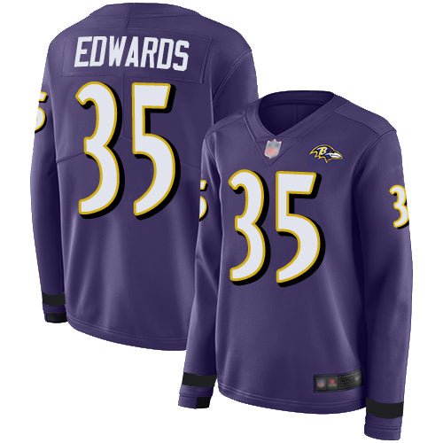 Nike Baltimore Ravens #35 Gus Edwards Purple Team Color Women's Stitched NFL Limited Therma Long Sleeve Jersey Womens