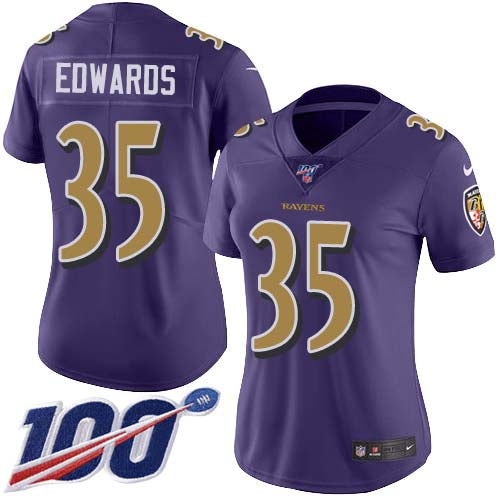 Nike Baltimore Ravens #35 Gus Edwards Purple Women's Stitched NFL Limited Rush 100th Season Jersey Womens