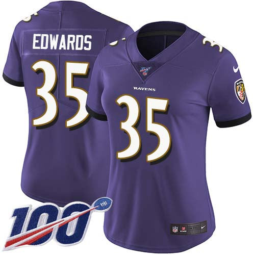 Nike Baltimore Ravens #35 Gus Edwards Purple Team Color Women's Stitched NFL 100th Season Vapor Untouchable Limited Jersey Womens