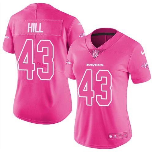 Nike Baltimore Ravens #43 Justice Hill Pink Women's Stitched NFL Limited Rush Fashion Jersey Womens