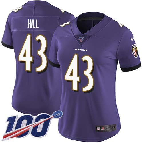 Nike Baltimore Ravens #43 Justice Hill Purple Team Color Women's Stitched NFL 100th Season Vapor Untouchable Limited Jersey Womens