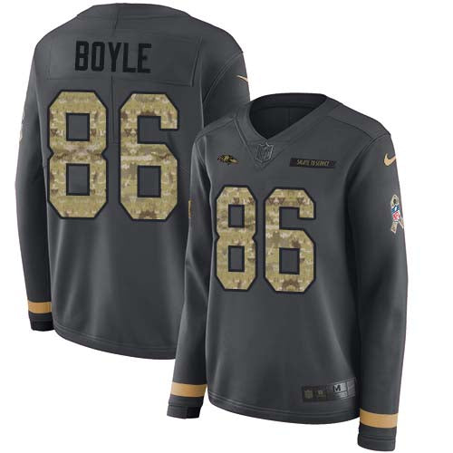 Nike Baltimore Ravens #86 Nick Boyle Anthracite Salute to Service Women's Stitched NFL Limited Therma Long Sleeve Jersey Womens
