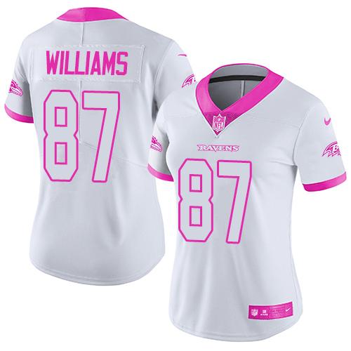 Nike Baltimore Ravens #87 Maxx Williams White/Pink Women's Stitched NFL Limited Rush Fashion Jersey Womens