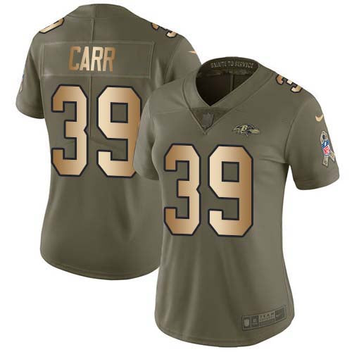 Nike Baltimore Ravens #39 Brandon Carr Olive/Gold Women's Stitched NFL Limited 2017 Salute To Service Jersey Womens