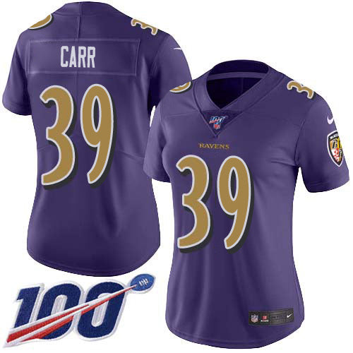 Nike Baltimore Ravens #39 Brandon Carr Purple Women's Stitched NFL Limited Rush 100th Season Jersey Womens