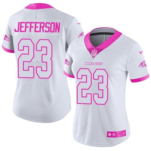Nike Baltimore Ravens #23 Tony Jefferson White/Pink Women's Stitched NFL Limited Rush Fashion Jersey Womens
