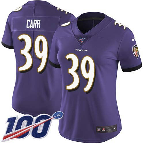 Nike Baltimore Ravens #39 Brandon Carr Purple Team Color Women's Stitched NFL 100th Season Vapor Untouchable Limited Jersey Womens