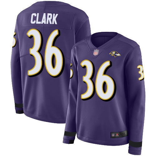 Nike Baltimore Ravens #36 Chuck Clark Purple Team Color Women's Stitched NFL Limited Therma Long Sleeve Jersey Womens